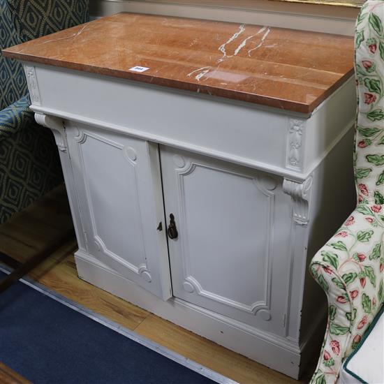 A white painted cupboard with marble top W.94cm